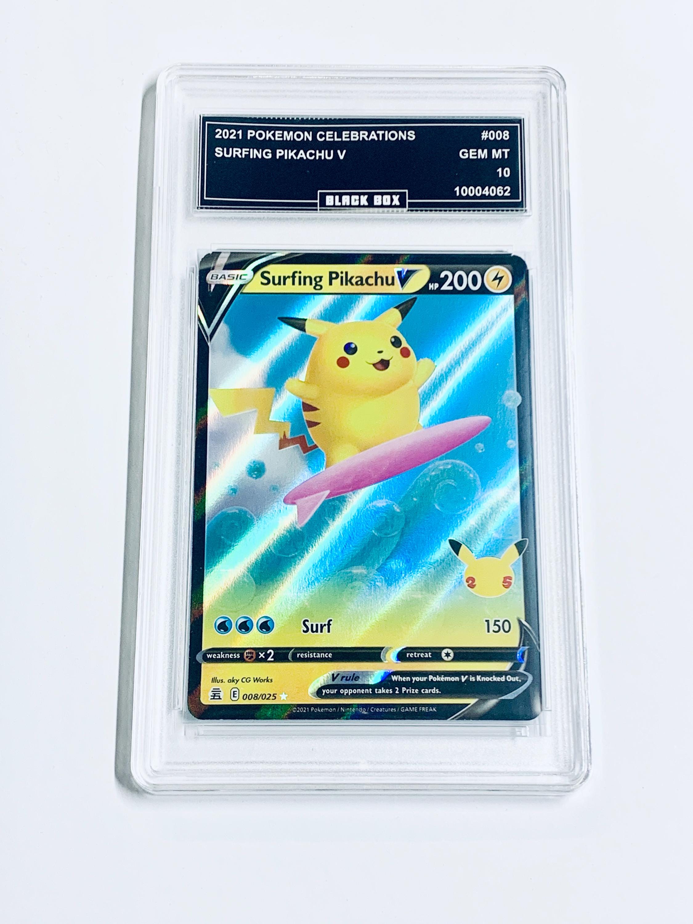 surfing pikachu v pokemon card - Celebrations Pokmon 9/025 clear acrylic holder that perfectly accentuates the stunning visual design and character artwork Surfing Pikachu V 2021 Pokemon