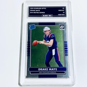 May include: A graded sports trading card featuring Drake Maye of the New England Patriots. The card is from the 2024 Donruss Optic series, with a 2014 Retro Series design. The card is encased in a protective holder and is graded GEM MT 10.