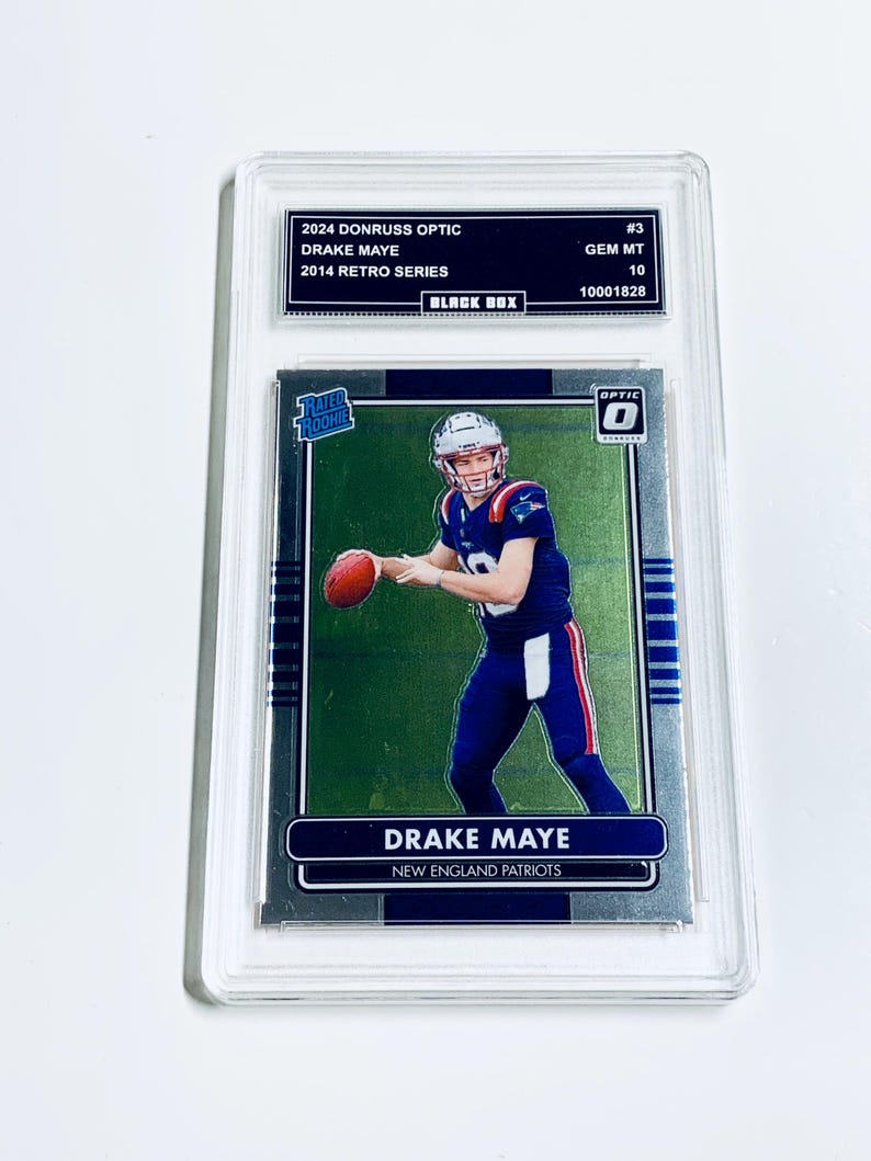 May include: A graded sports trading card featuring Drake Maye of the New England Patriots. The card is from the 2024 Donruss Optic series, with a 2014 Retro Series design. The card is encased in a protective holder and is graded GEM MT 10.