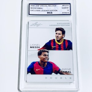 May include: A 2024 Leaf Special Release trading card featuring Lionel Messi and Lamine Yamal. The card is graded GEM MT 10 and is part of the Exclusive Legends Edition. The card is encased in a protective holder.