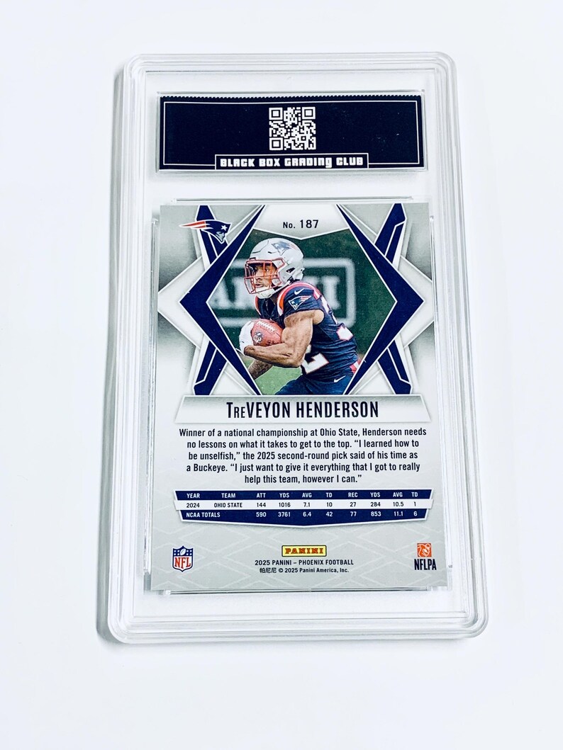 May include: A TreVeyon Henderson football card, graded by Black Box Grading Club. The card features a photo of the player in a Patriots uniform, with statistics and the Panini logo. The card is encased in a clear protective holder.