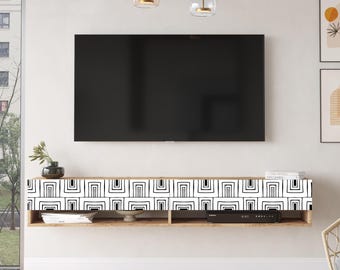 Future TV Unit Maze Pine-White UV Print 70 inches Floating Entertainment Center Console with Storage Shelves, Doors