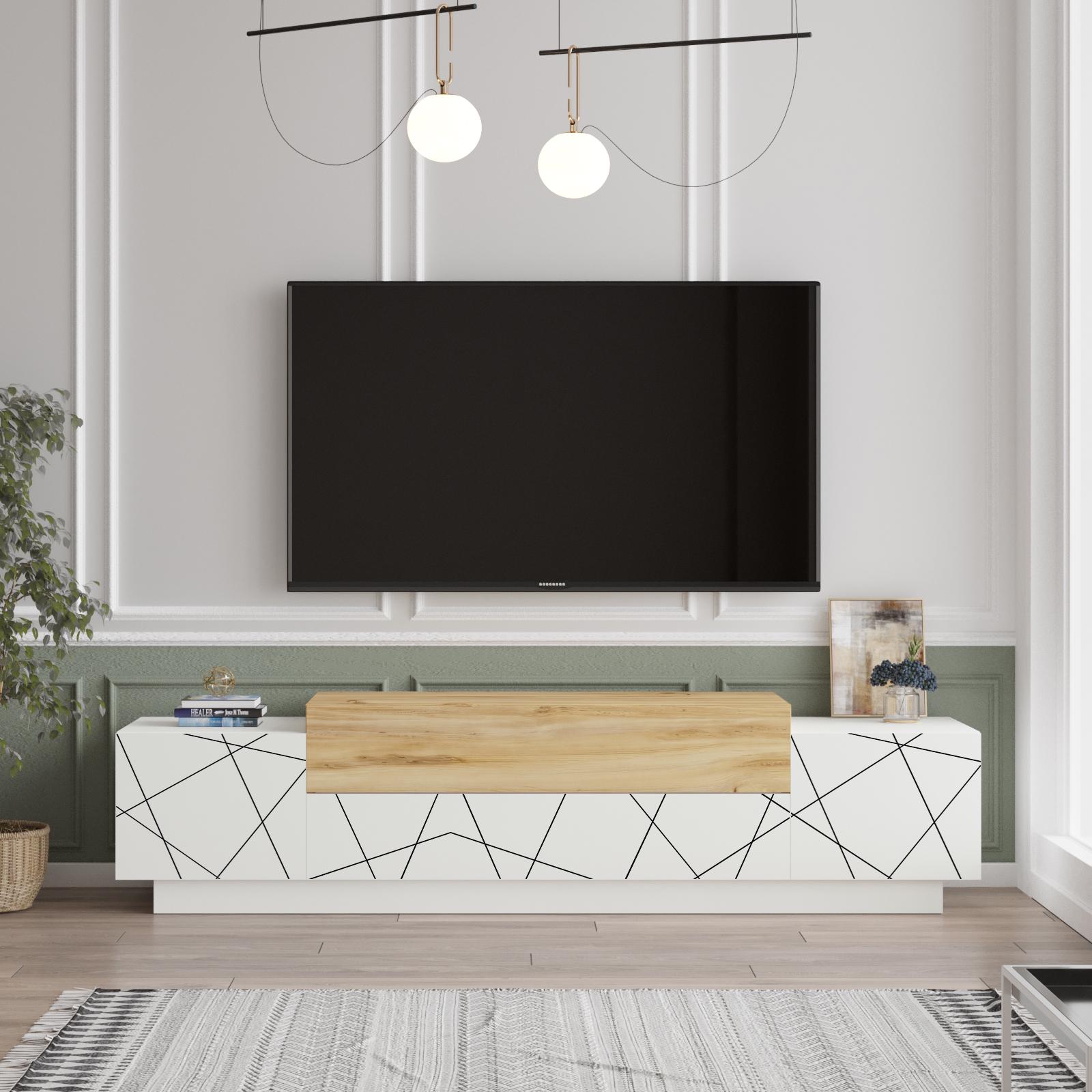 Floyd TV Unit Stand White Felt - UV Print Entertainment Center Console 63 Inches with Storage Shelves, Doors