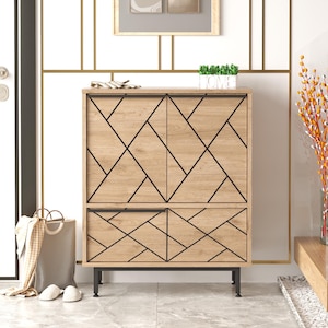 Ocean Double Sideboard Table and Storage with 3 Doors and Metal Legs, OAK Color Multi Purpose Cabinet