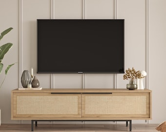 Ocean TV Unit Console with Metal Legs  63 Inches with Storage Shelves, Doors  Oak Color UV Print