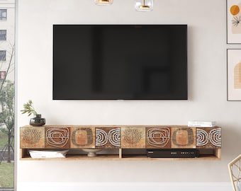 Future TV Unit UV Print OAK Color Floating Entertainment Center Console with Storage Shelves & Doors