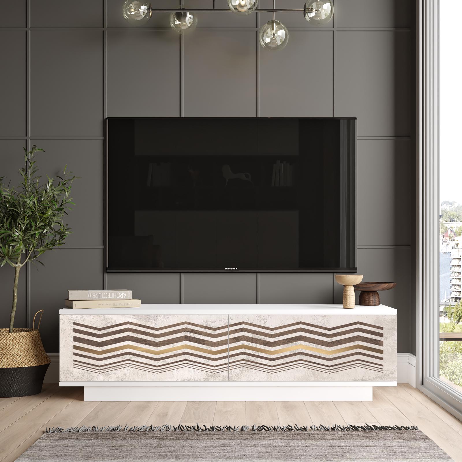 Fonda TV Unit Stand White Entertainment Center Console with Storage Shelves & Doors