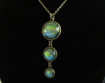 Blue multi triple coin pendant fluid art necklace. Wearable art. Fluid art pendant necklace. Flow art pendant necklace. Poured paint jewelry