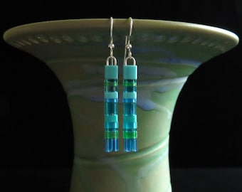 Aqua and turquoise Tila glass bead medium length stacked earrings. Aqua turquoise lightweight earrings. Aqua glass bead Tila earrings.