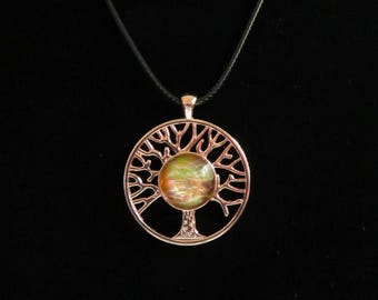 Rose gold tree of life pendant necklace with earth tone flow art cabochon on a black waxed cotton cord. Tree of life necklace. Rose gold.