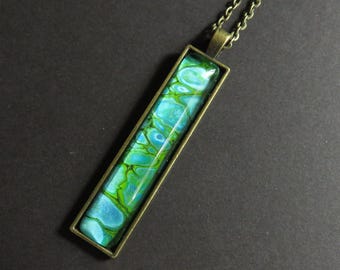 Long aqua fluid art glass cabochon pendant necklace. Wearable art. Flow art necklace. Aqua pour painted necklace. Paint poured jewelry.