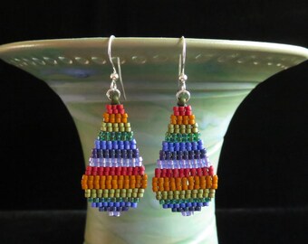 Rainbow stripe Miyuki Delica beaded earrings. Rainbow stripe teardrop earrings. Colorful pride earrings. Lightweight beaded earrings.