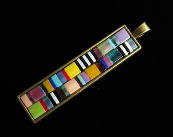 Long Tila glass bead mosaic pendant necklace. Multicolored glass mosaic rectangular pendant. Glass mosaic necklace. Includes 2 chains.