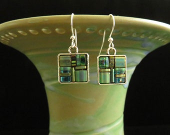 Square green Tila glass bead mosaic earrings in pewter settings. Green glass mosaic earrings. Green bead mosaic handmade earrings.