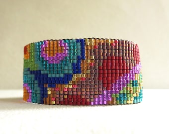 Bohemian Delica bead loomed bracelet. Rainbow beaded bracelet. Bead loom bracelet. Multicolor beaded cuff bracelet. Free shipping.