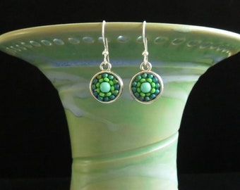 Small aqua and green bead round mandala earrings in silver setting. Glass bead woven mandala earrings. Bead mandala small medallion earrings