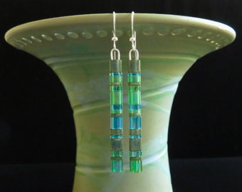 Long Tila glass bead stacked green earrings. Long skinny earrings. Lightweight earrings. Stacked green and aqua glass bead earrings.