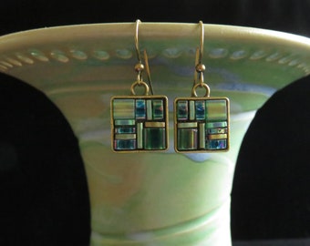 Square green Tila glass bead mosaic earrings in bronze setting. Tila mosaic earrings. Green glass bead mosaic earrings. Green earrings.