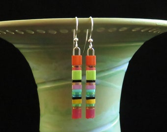 Stacked Tila earrings. Rainbow earrings. Lightweight earrings. Colorful Tila earrings. Pride earrings.