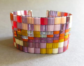 Wide Tila glass bead sunset loomed bracelet. Peach lavender orange red hand loomed Tila glass bead bracelet. Loomed bracelet. Free shipping.