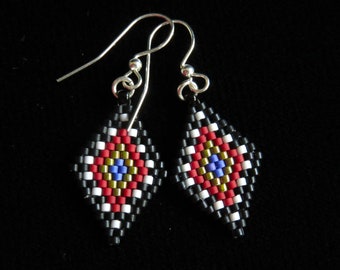 Black, white and red woven Delica bead diamond earrings. Colorful Delica woven bead diamond earrings. Miyuki delica bead woven earrings.