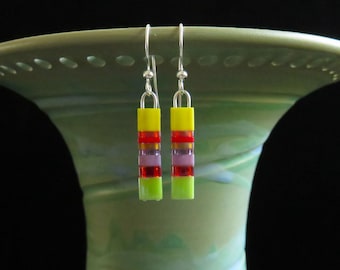Short Tila glass bead citrus colored earrings. Colorful glass bead earrings. Pride earrings. Rainbow earrings. Lightweight earrings.