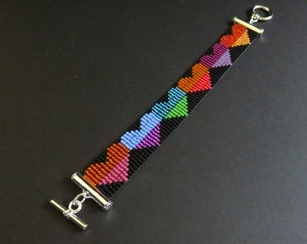Hearts Delica bead loomed bracelet. Colorful hearts bead cuff bracelet. Pride bracelet. Rainbow multicolored bead bracelet. Free shipping.