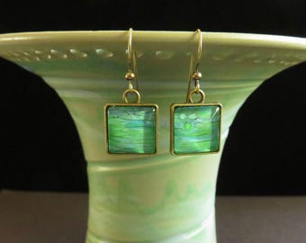 Shimmering aqua square fluid art earrings. Wearable art. Flow art fluid art earrings. Paint pour earrings. Poured paint earrings. ES001.