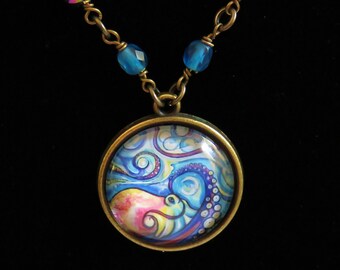 Colorful octopus necklace on wire wrapped beaded chain. Antique brass octopus beaded necklace. Octopus cabochon adjustable length necklace.