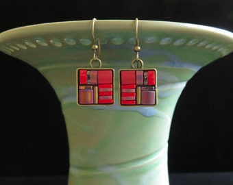 Square red Tila glass bead mosaic earrings. Red mosaic glass bead earrings. Bronze bezel mosaic glass bead earrings. Square mosaic earrings.