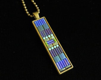 Blue, purple, green and turquoise bead mosaic pendant, necklace. Micro mosaic pendant. Mini mosaic long pendant.