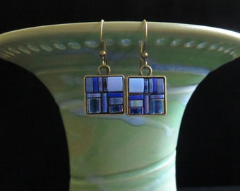 Square blue Tila glass bead mosaic earrings in bronze setting. Blue glass mosaic earrings. Tila glass bead blue glass mosaic earrings.