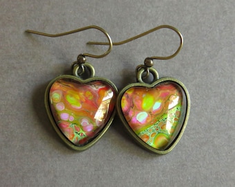 Small heart fluid art earrings. Wearable art. Fluid art jewelry. Flow art earrings. Poured paint earrings. Paint poured earrings. ESH001