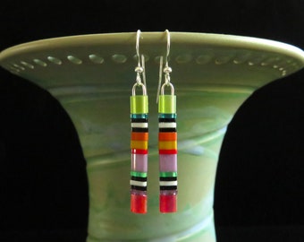 Colorful stacked Tila glass bead medium length earrings. Lightweight earrings. Multicolored pride earrings. Colorful striped earrings.