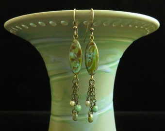 Picasso Czech glass aqua ellipse bead dangle earrings. Handmade artisan aqua turquoise Picasso Czech glass earrings. Aqua Picasso earrings.