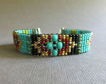 Aqua, deep red, tan & black hand loomed glass bead Native American/Southwest style bracelet. Loomed Czech glass bead bracelet. Free shipping