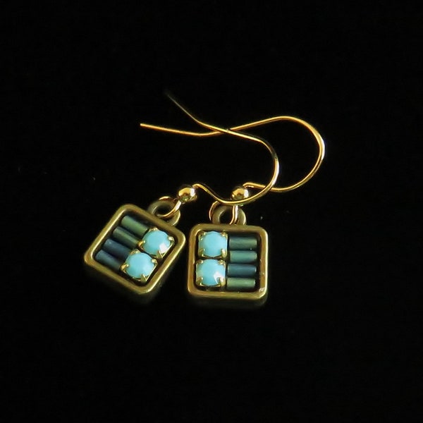 Bead mosaic earrings. Square mosaic green and turquoise earrings. Small, light weight earrings. Micro mosaic earrings. Mini mosaic earrings.