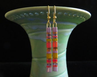 Long Tila glass bead stacked lavender, red, gold matchstick earrings. Long skinny lightweight earrings. Colorful Tila matchstick earrings.