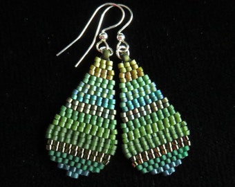 Green stripe teardrop Miyuki Delica beaded earrings. Lightweight beaded earrings.