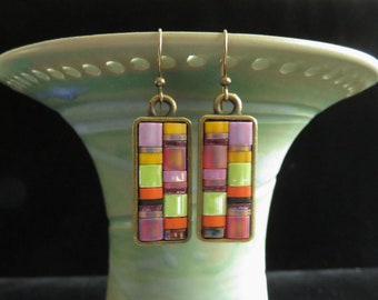 Tila rectangle mosaic glass earrings. Tila mosaic glass bead earrings. Multicolored Tila glass bead earrings. Colorful micro mosaic earrings