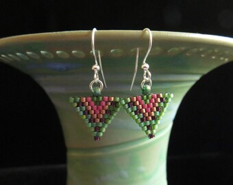 Green and pink triangle Delica bead woven earrings. Miyuki Delica bead earrings. Handmade lightweight earrings.