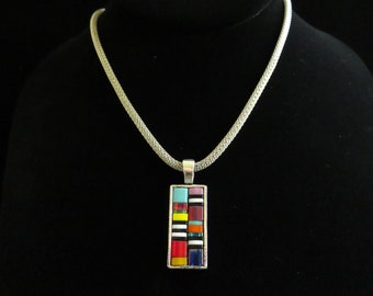 Tila glass bead multicolored mosaic pendant. Multicolor mosaic pendant necklace. Rainbow colorful mosaic pendant necklace. Includes 2 chains