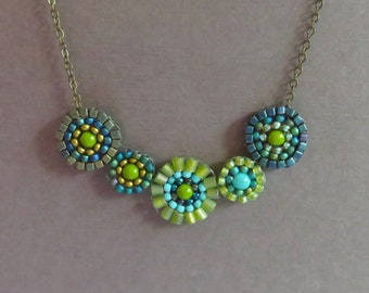 Beaded mandala aqua and lime green glass bead necklace. Bead woven mandala bead necklace. Aqua and lime green beaded necklace. Free ship.