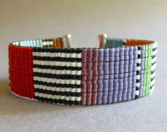 Delica glass bead hand loomed bracelet - color blocks and stripes. Colorful Delica glass bead loomed bracelet. Wearable art. Free shipping.