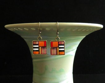 Square red, black and white Tila mosaic earrings. Tila bead earrings. Handmade beaded earrings. Red black white Tila mosaic earrings.