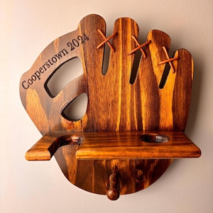 Wooden Baseball Glove Shaped Baseball Bat, Baseball, Glove/Hat Holder Display Rack Hand Made High Quality- Custom Engravings Available