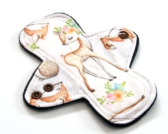 LIGHT flow Reusable Cloth Menstrual pad - 7 inch - bamboo - organic cotton - Black Windpro - cotton flannel top - Retro Deer