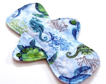 9 inch Reusable Cloth Menstrual pad - HEAVY flow -bamboo/cotton core - PUL - cotton flannel top - Sea Turtles