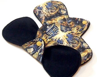 Set of 2 - Reusable 9 inch cloth menstrual pads - regular and heavy - Windpro - quilter's cotton tops - Exploding Tardis