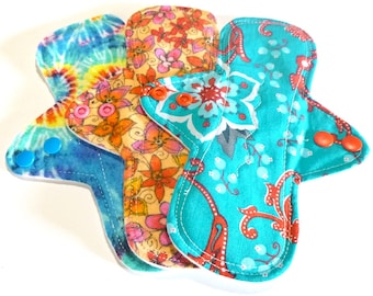 MADE TO ORDER - Reusable Cloth Menstrual pads- set of three 8 inch pads - choose your fabric and absorbency